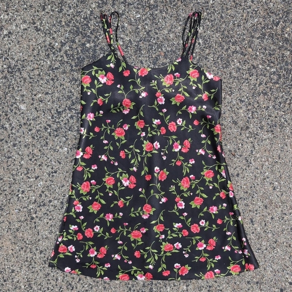 kathy ireland Other - Silky 90s Kathy Ireland Strappy Black Mini Slip Dress Floral Roses Large